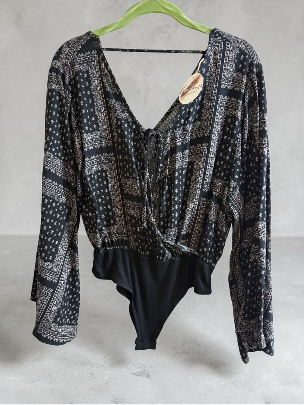 Peach Love California Bandana Print Surplice Long Sleeve Bodysuit NWT Medium